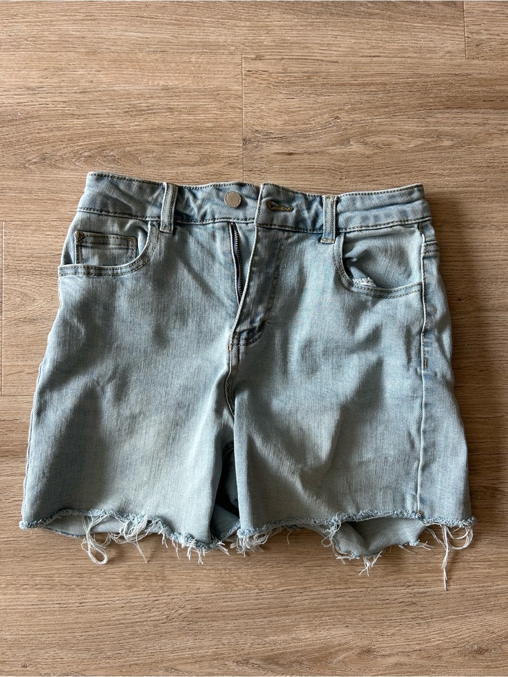 Oat New York Faded Light Blue Distressed Hem Denim Shorts